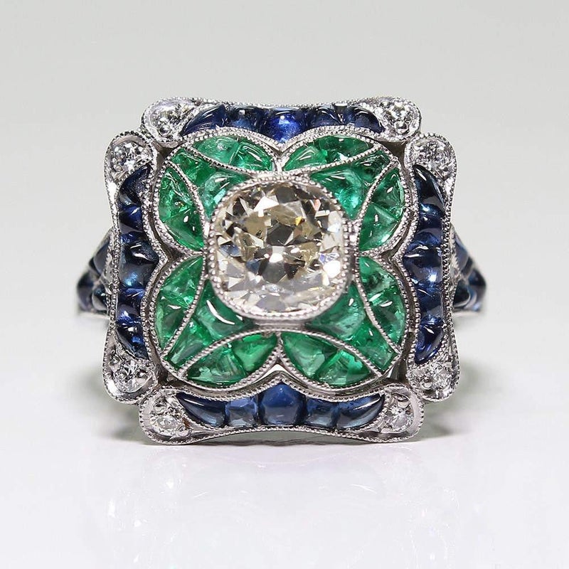Yuren 925 Sterling Silver Vintage Emerald Ring Blue Sapphire White Topaz Ring Women Wedding Fashion Jewelry Size 6-10 (US code 9) - Image 2